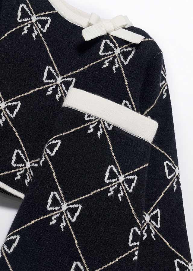 Set fusta si pulover tricotat fin negru cu fundite 5-14 ani