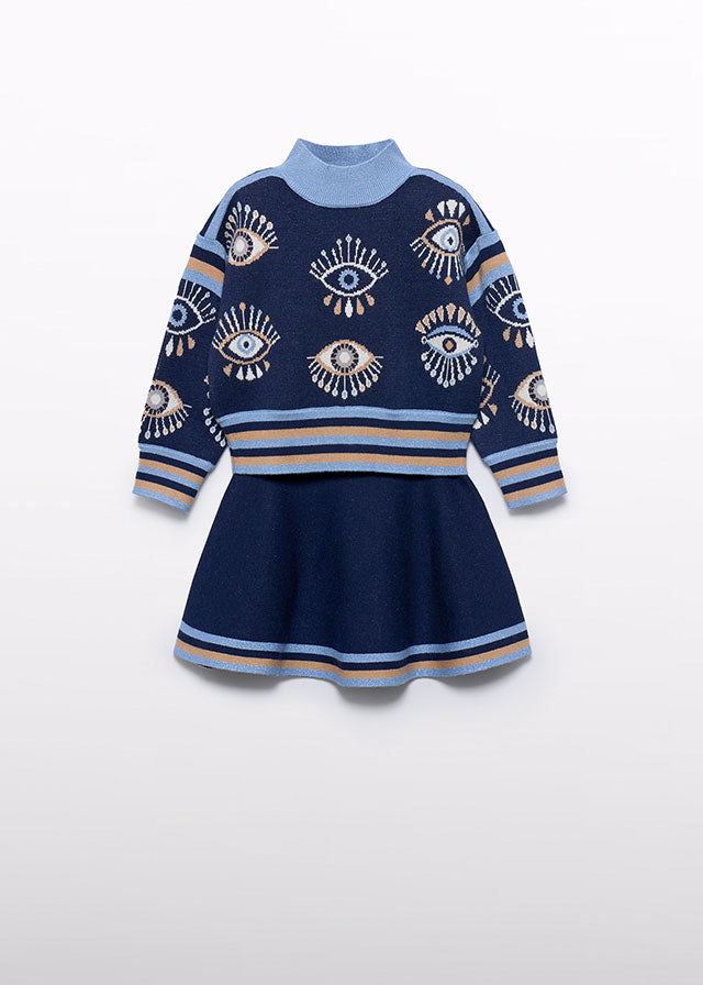 Set fusta si pulover tricotat fin bleumarin 5-7 ani