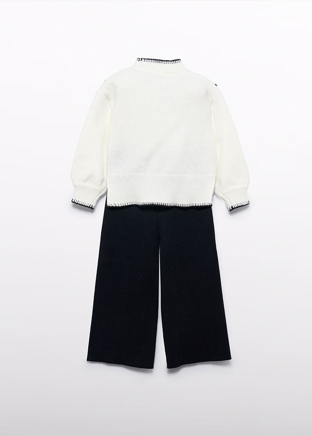 Compleu fete tricot alb negru cu broderie si pantaloni lungi 5-10 ani