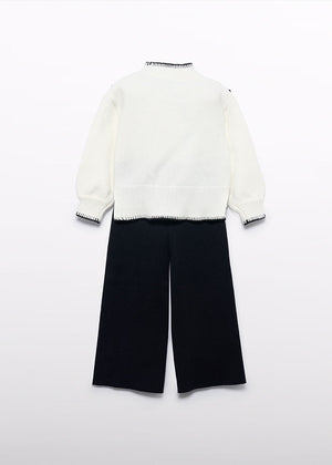 Compleu fete tricot alb negru cu broderie si pantaloni lungi 5-10 ani