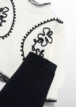 Compleu fete tricot alb negru cu broderie si pantaloni lungi 5-10 ani