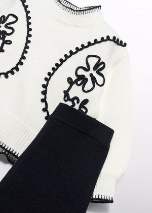 Compleu fete tricot alb negru cu broderie si pantaloni lungi 5-10 ani