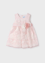 Rochita bebe organza roz cu broderie alba Abel & Lula 5010