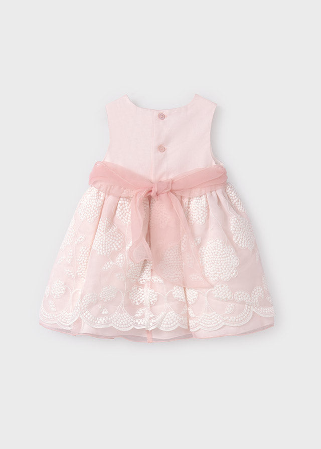 Rochita bebe organza roz cu broderie alba Abel & Lula 5010