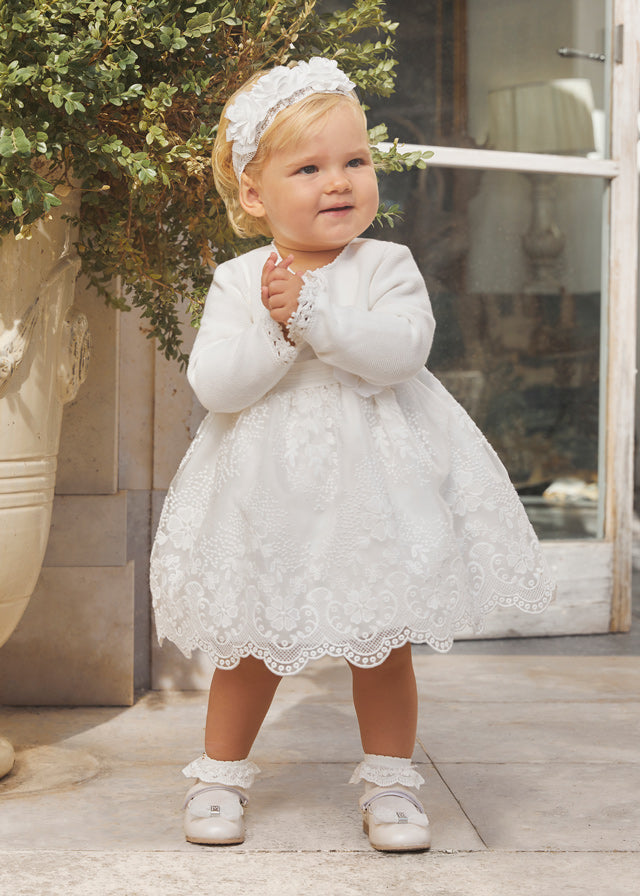 Rochita bebe organza alba cu broderie Abel & Lula 5013